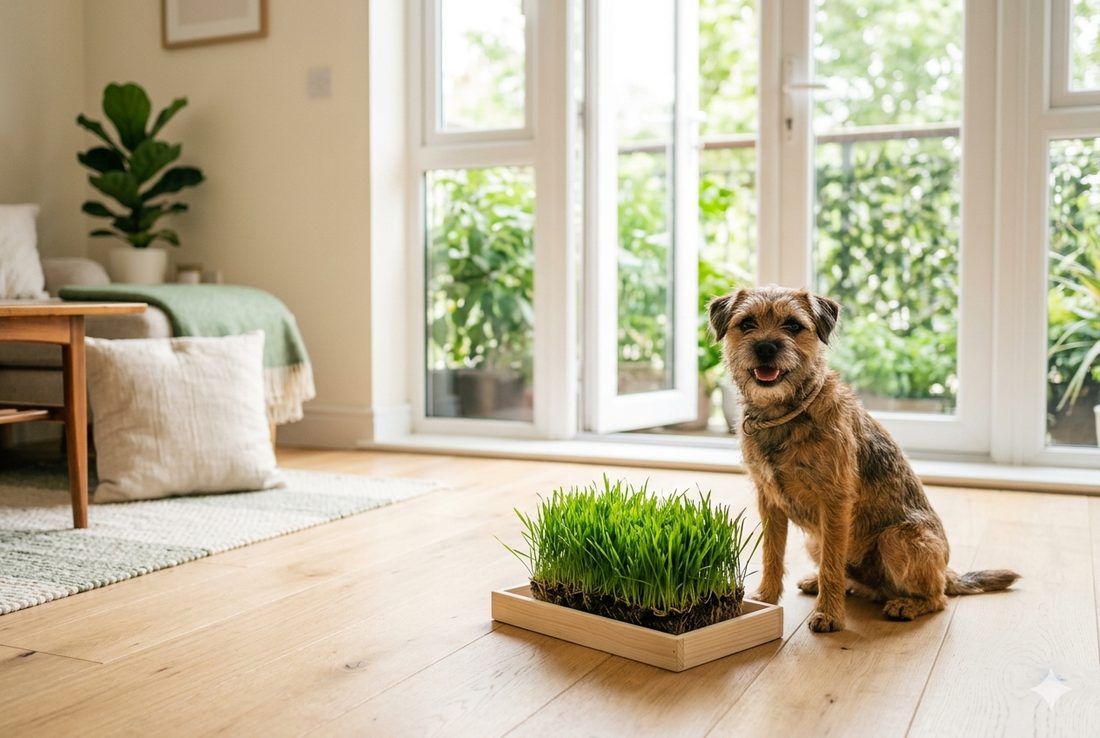 A dog on a fresh Tuft real-grass lawn